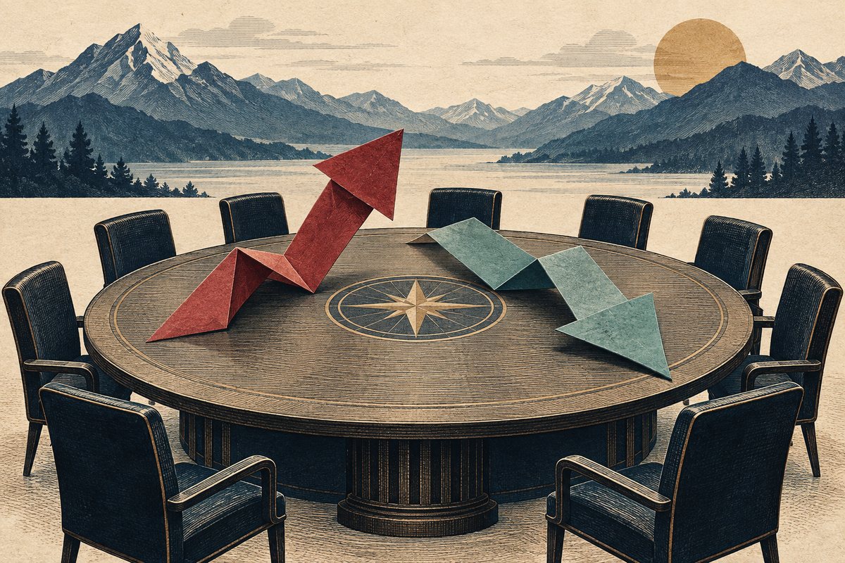 Two folded arrows point in opposing directions across an empty conference table, with mountains behind it.