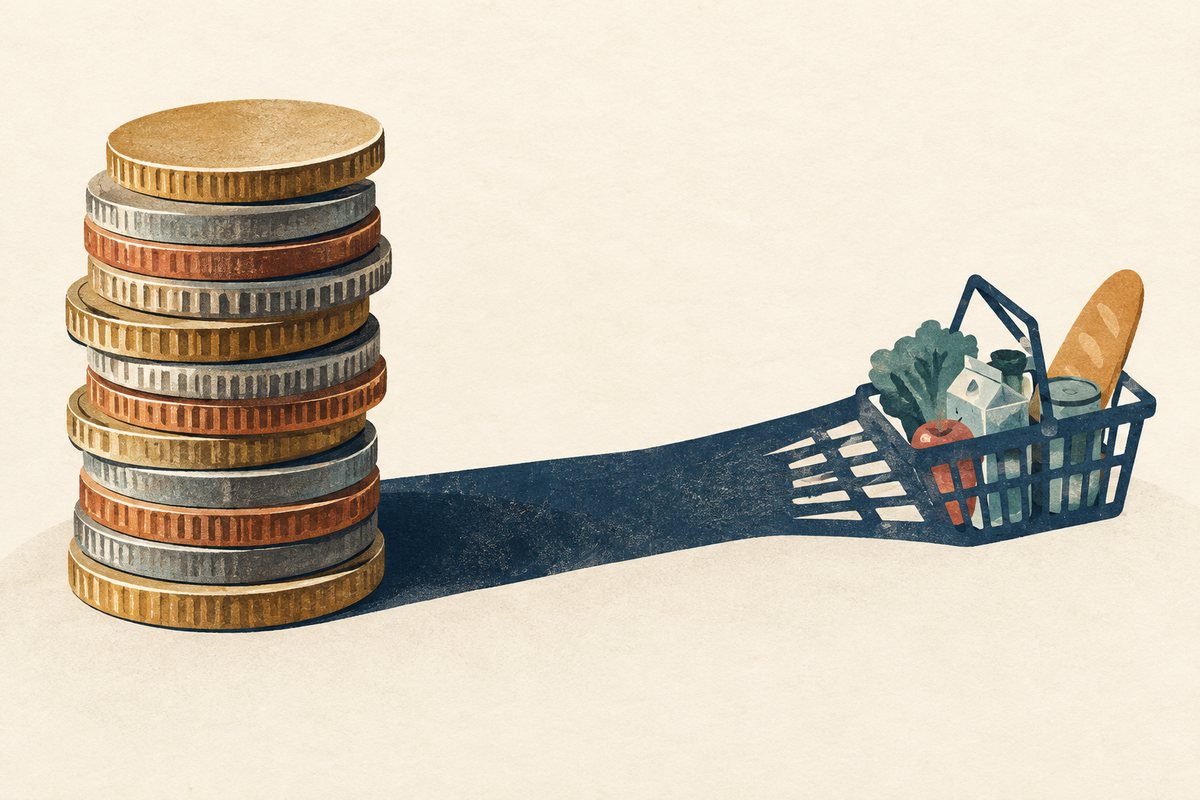 A stack of coins casts a long shadow toward a basket containing bread and groceries.